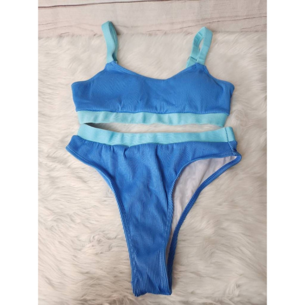 Shein Womens Bikini Swimsuit Blue Turquoise Color Block Retro High Cut‎ Ribbed L